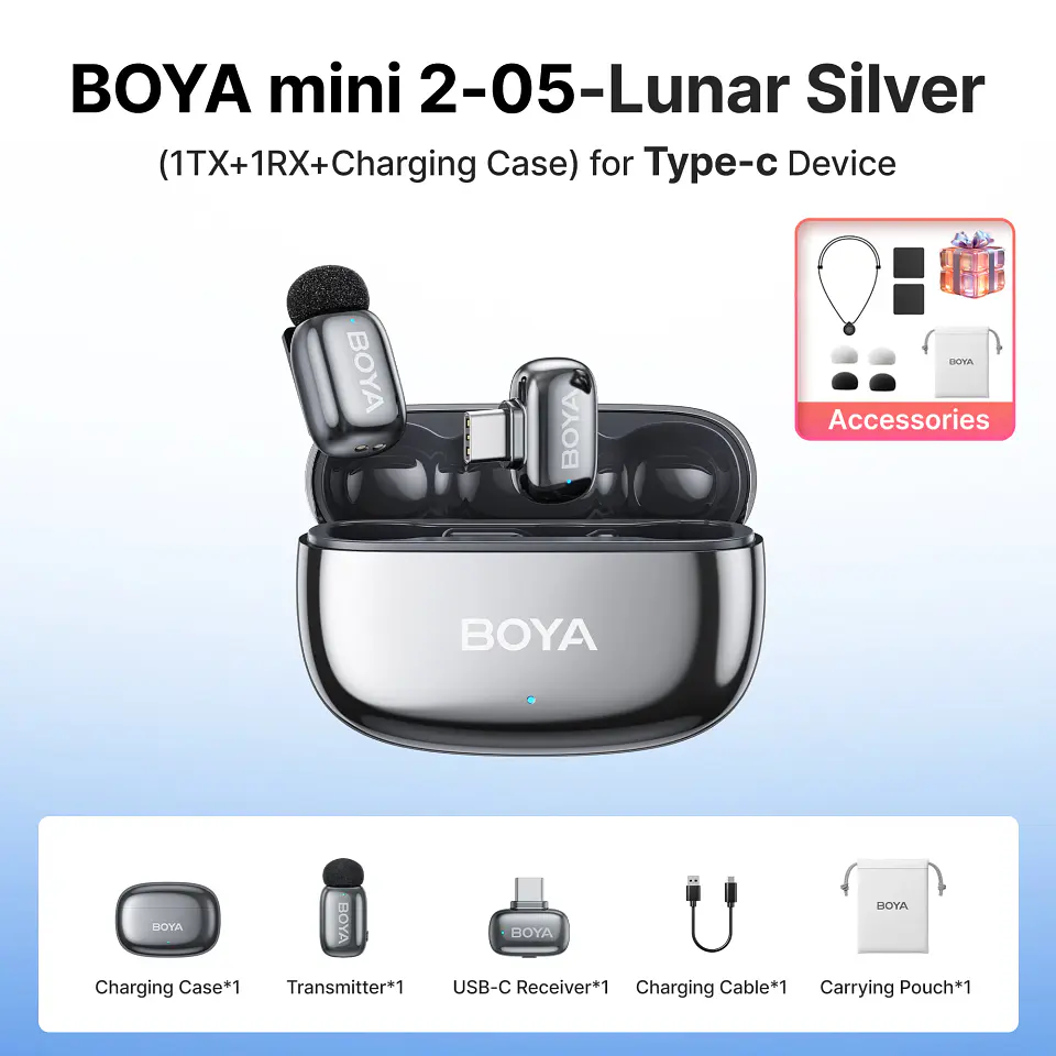 Micrófono inalámbrico de solapa BOYA Mini 2 con reducción de ruido por IA, mini micrófono para iPhone 6-14/15-17 y teléfonos Android USB-C, para grabación de video 25