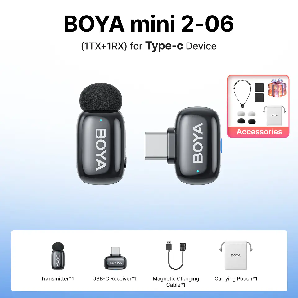 Micrófono inalámbrico de solapa BOYA Mini 2 con reducción de ruido por IA, mini micrófono para iPhone 6-14/15-17 y teléfonos Android USB-C, para grabación de video 26