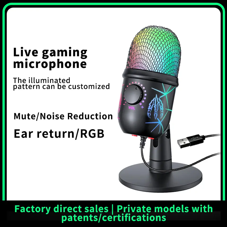 Micrófono USB para videojuegos y podcast, con condensador, salida para auriculares, iluminación LED y reducción de ruido 7