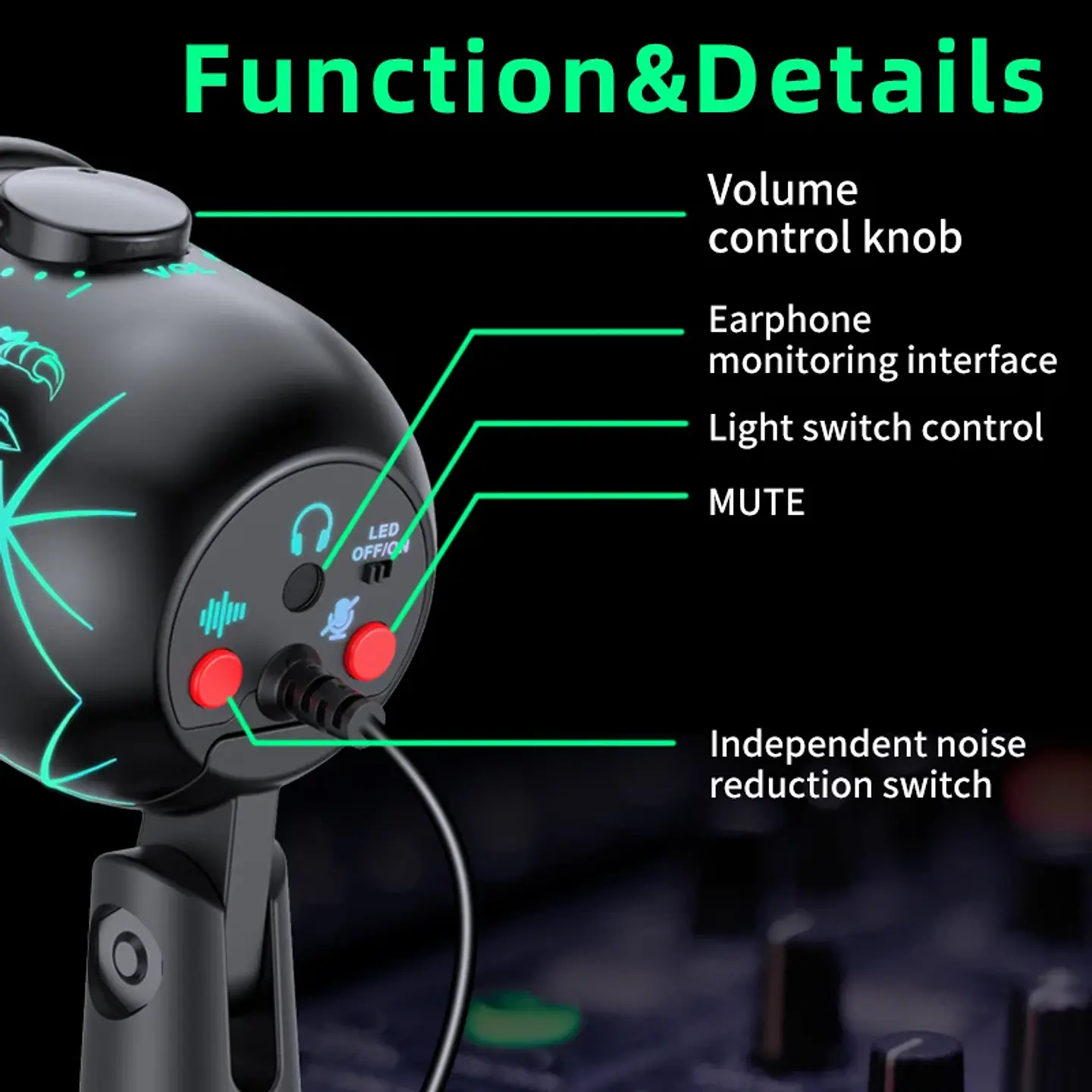 Micrófono USB para videojuegos y podcast, con condensador, salida para auriculares, iluminación LED y reducción de ruido 8