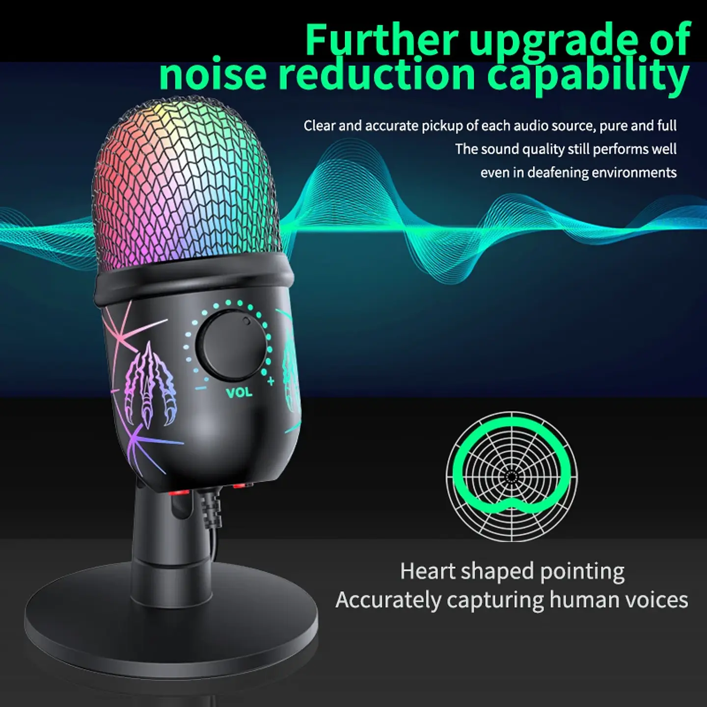 Micrófono USB para videojuegos y podcast, con condensador, salida para auriculares, iluminación LED y reducción de ruido 9