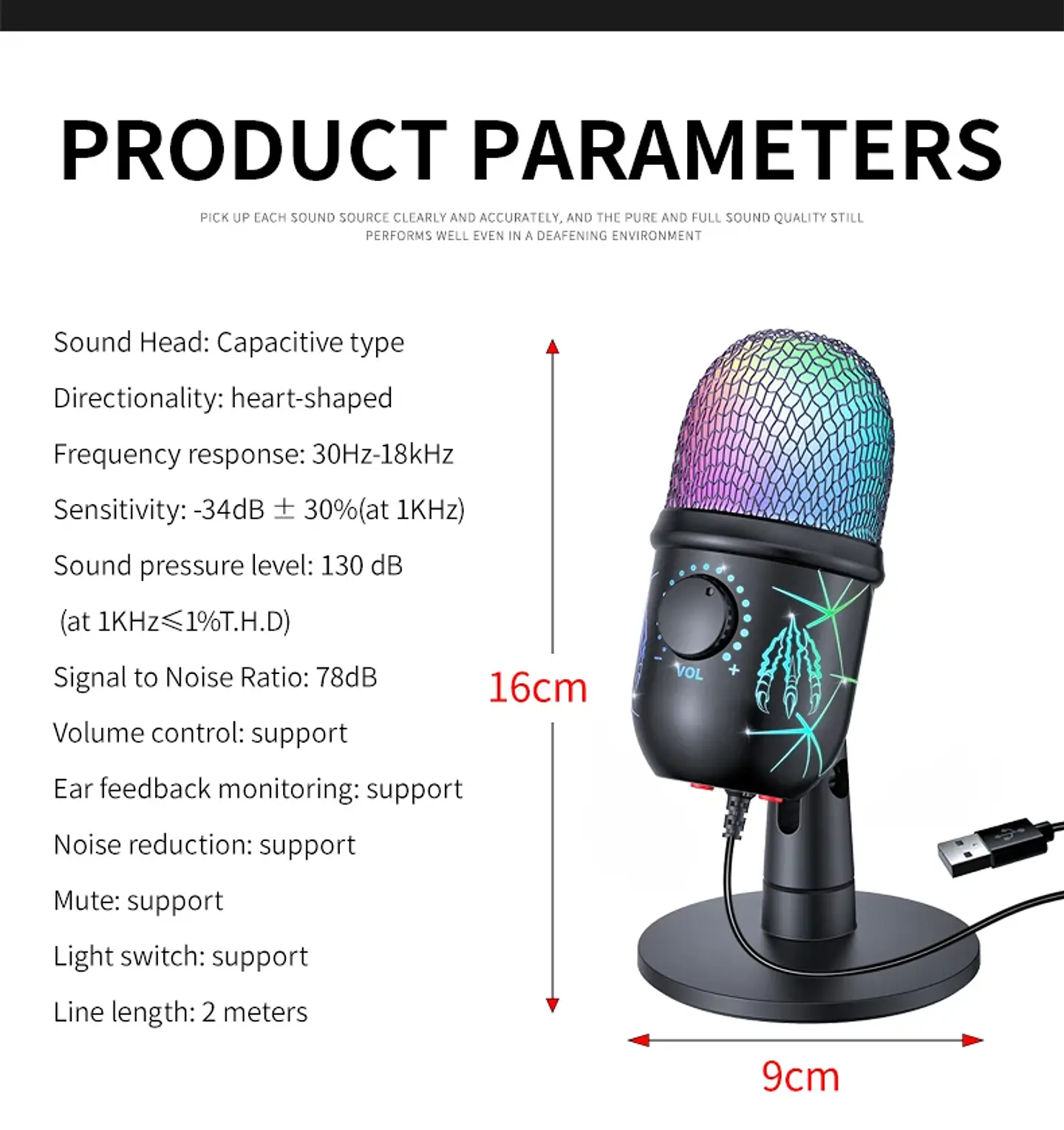 Micrófono USB para videojuegos y podcast, con condensador, salida para auriculares, iluminación LED y reducción de ruido 11
