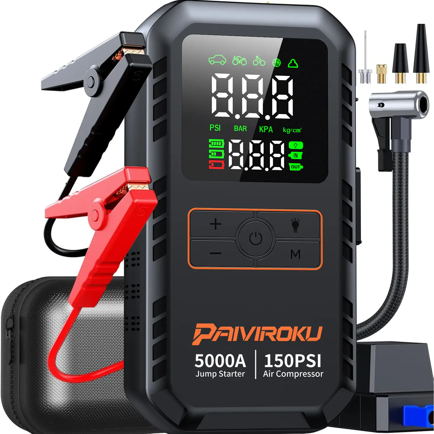 Arrancador portátil de batería para auto 12 V, 5000 A, con compresor de aire de 150 PSI e inflador de neumáticos 1