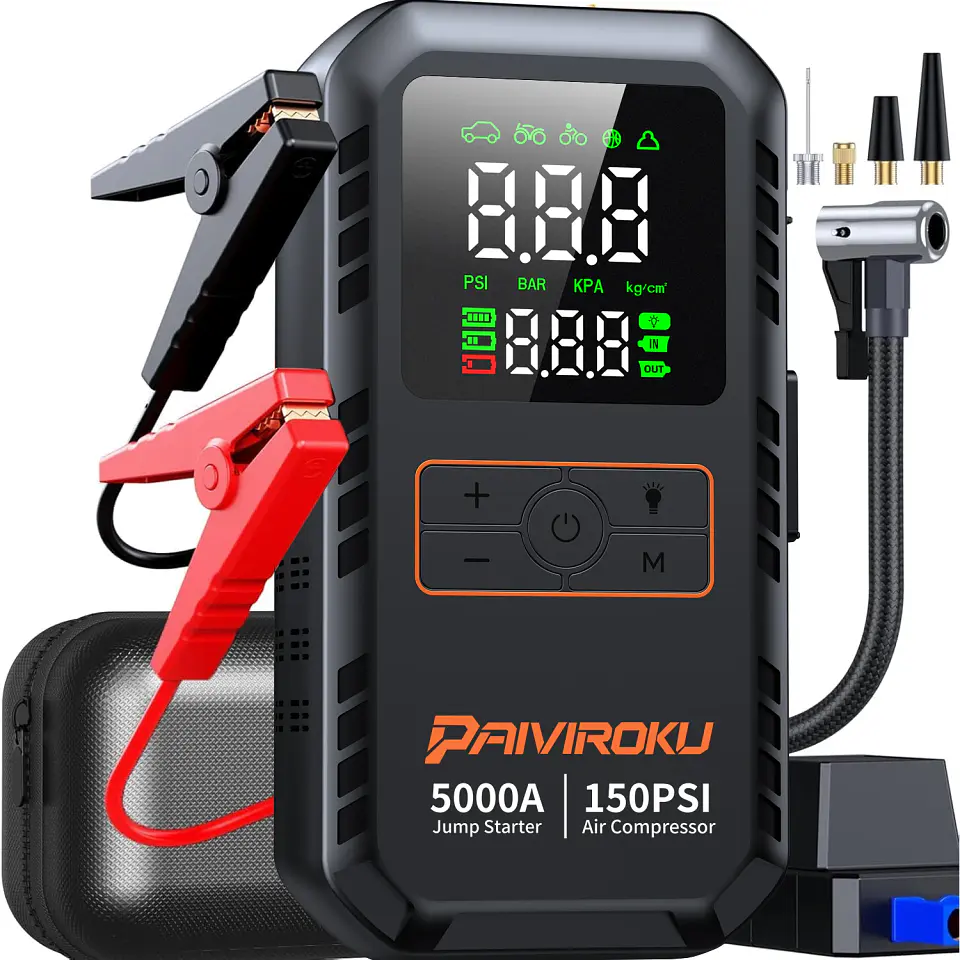 Arrancador portátil de batería para auto 12 V, 5000 A, con compresor de aire de 150 PSI e inflador de neumáticos 1