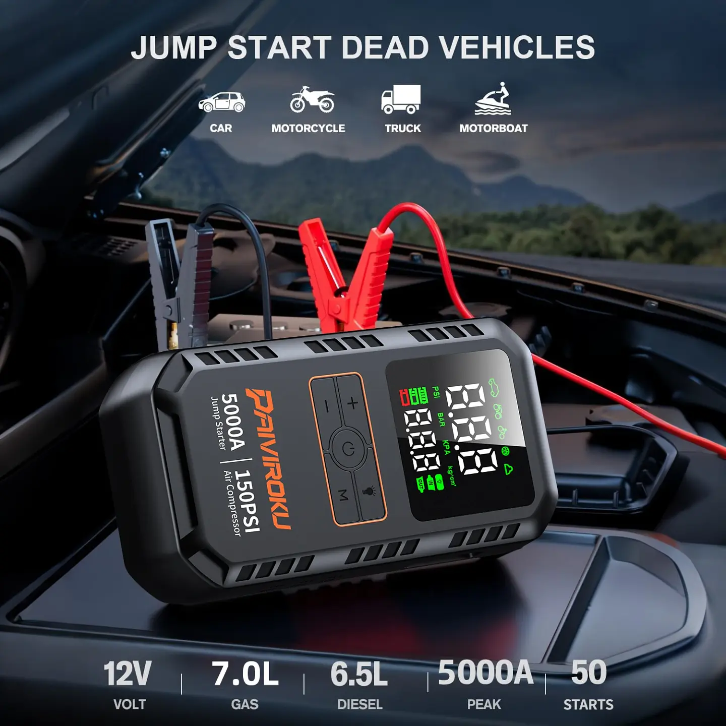 Arrancador portátil de batería para auto 12 V, 5000 A, con compresor de aire de 150 PSI e inflador de neumáticos 2