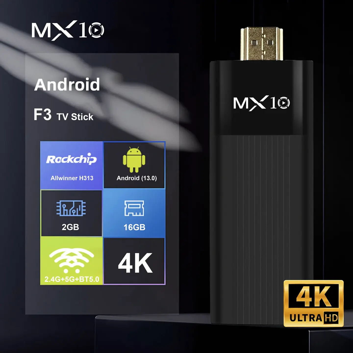 TV Stick MX10-F3 con Android, H313 de cuatro núcleos, Wi-Fi de doble banda 2.4/5 GHz, 2 GB de RAM y 16 GB de almacenamiento 2