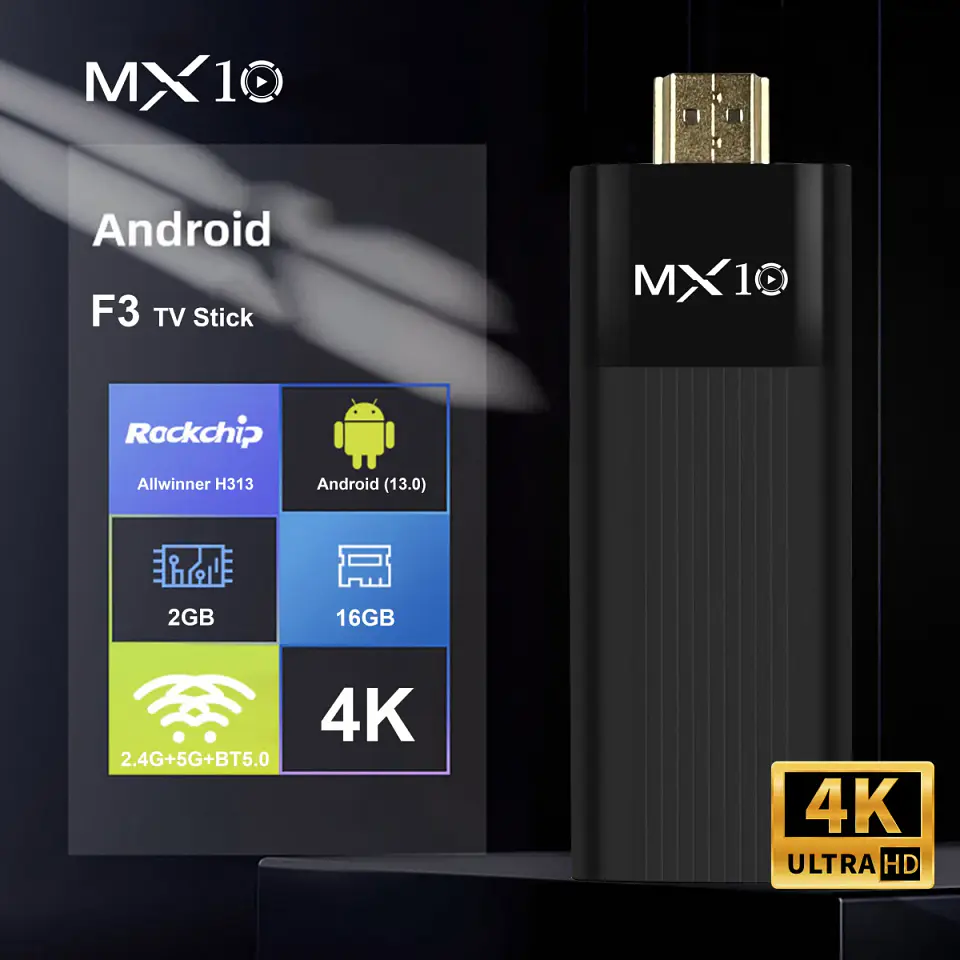 TV Stick MX10-F3 con Android, H313 de cuatro núcleos, Wi-Fi de doble banda 2.4/5 GHz, 2 GB de RAM y 16 GB de almacenamiento 2