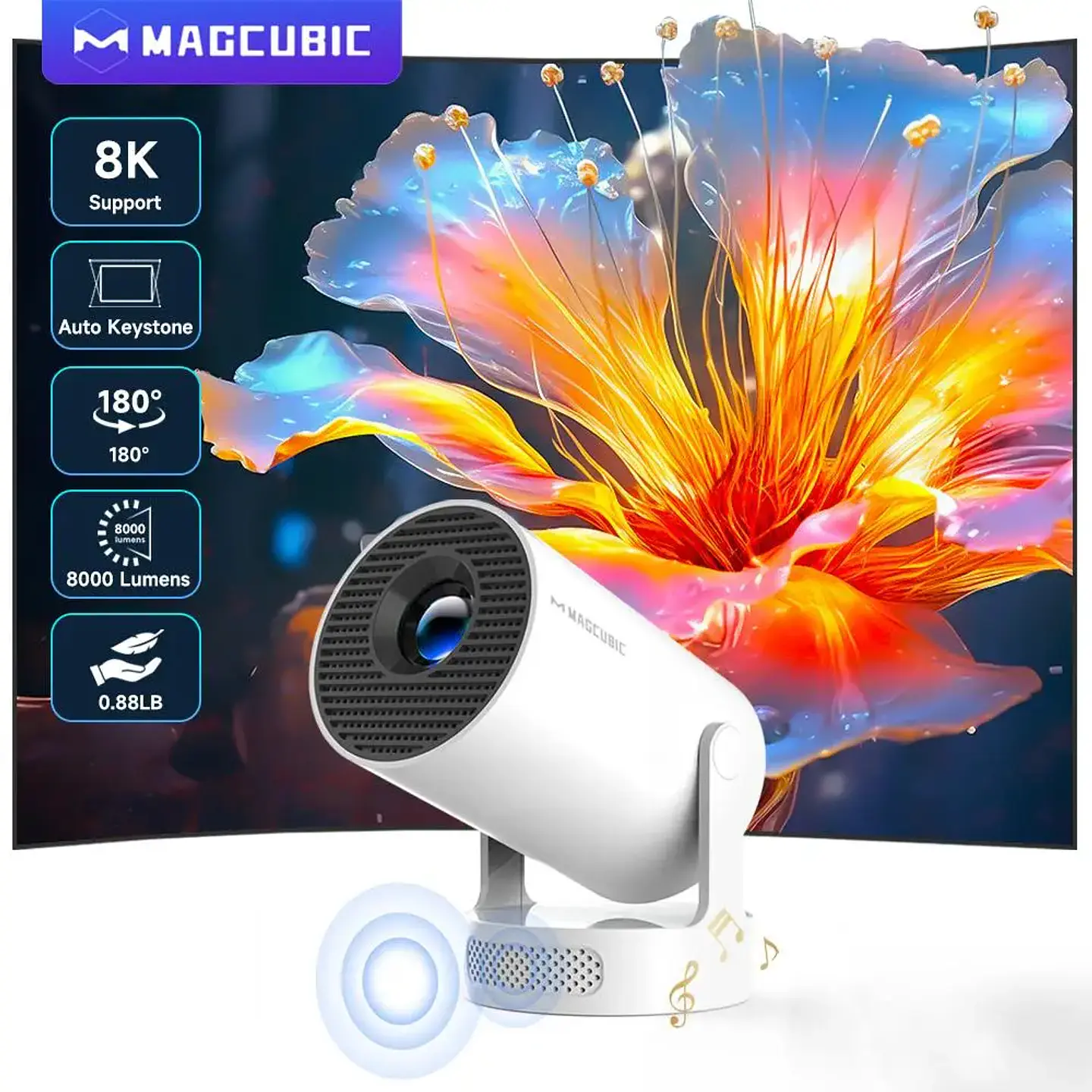 Proyector portátil Magcubic HY300 Pro+ 8K, Android 14, Wi-Fi 6 de doble banda, Allwinner H726, Bluetooth 5.4, resolución 1280 × 720 1