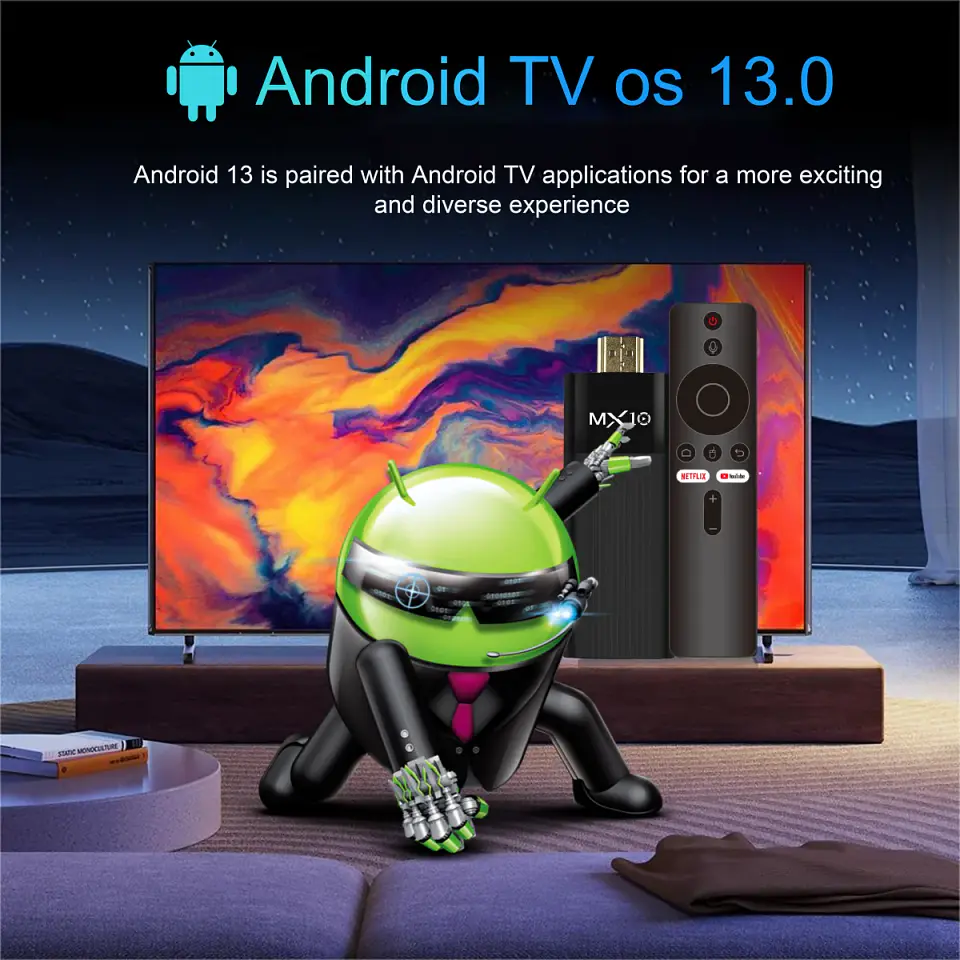 TV Stick MX10-F3 con Android, H313 de cuatro núcleos, Wi-Fi de doble banda 2.4/5 GHz, 2 GB de RAM y 16 GB de almacenamiento 3