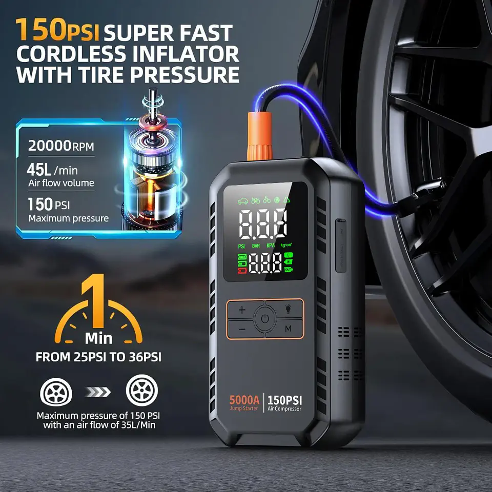 Arrancador portátil de batería para auto 12 V, 5000 A, con compresor de aire de 150 PSI e inflador de neumáticos 3