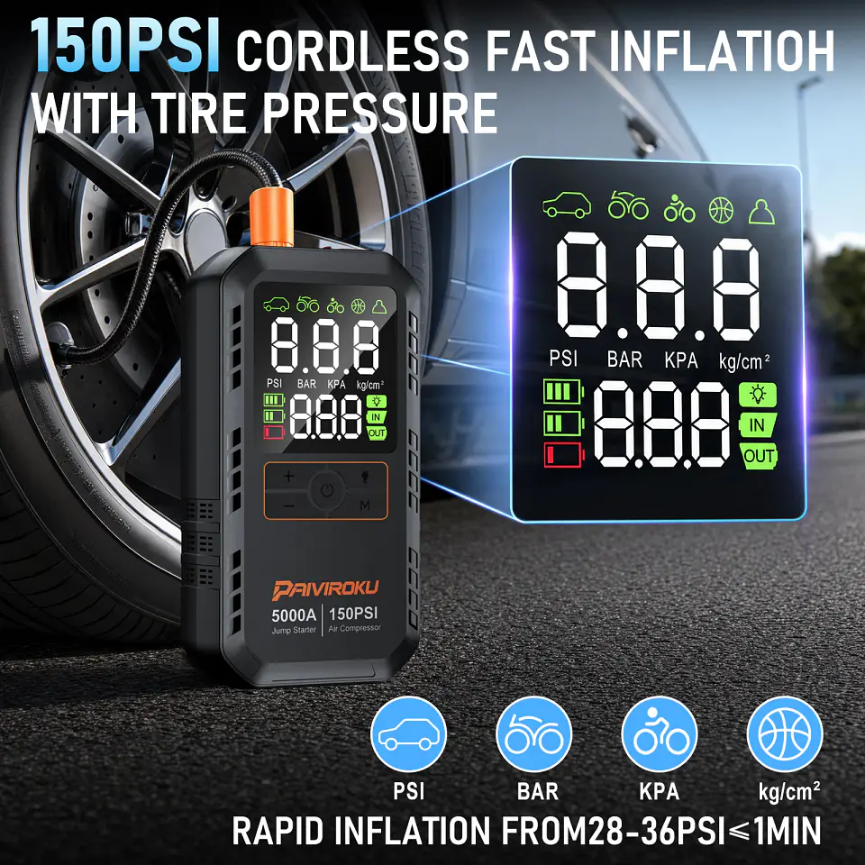 Arrancador portátil de batería para auto 12 V, 5000 A, con compresor de aire de 150 PSI e inflador de neumáticos 4