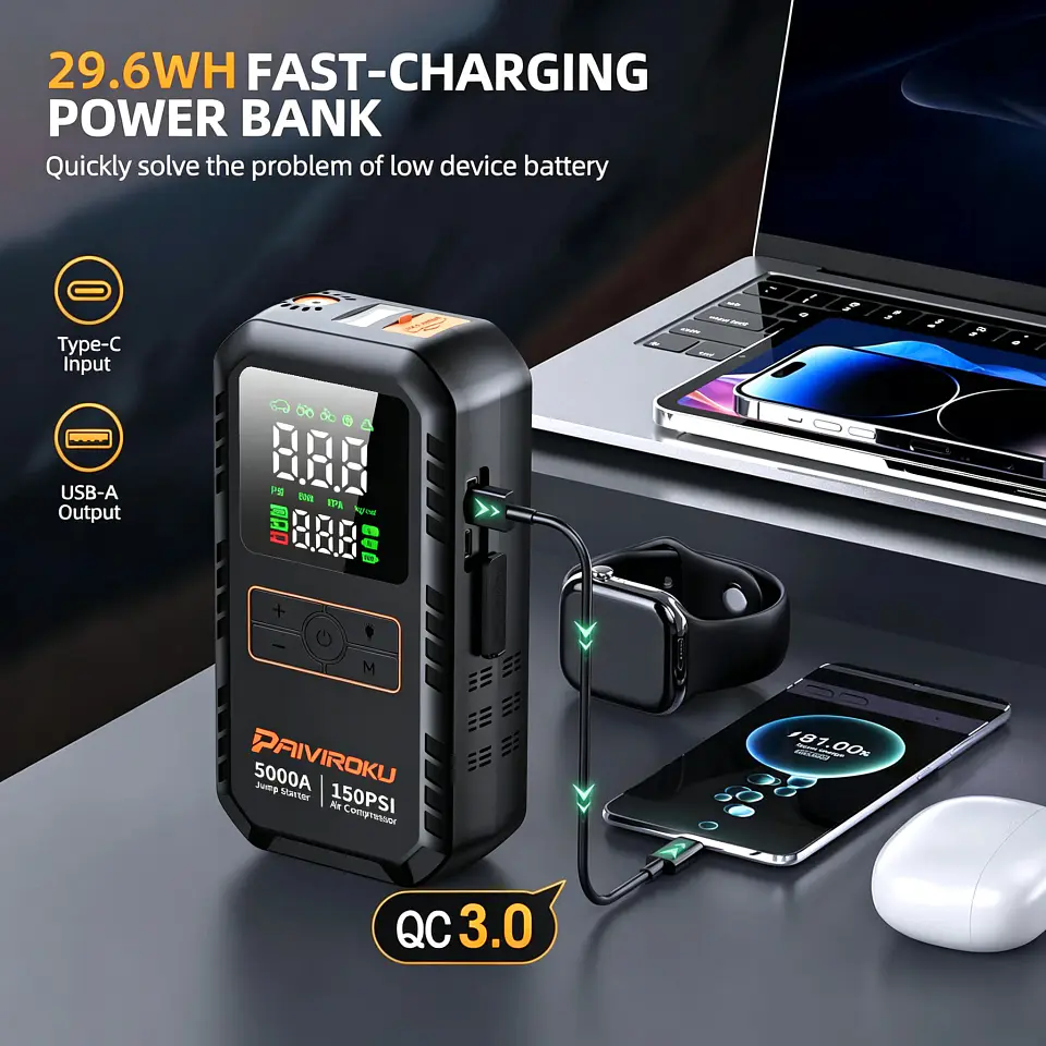 Arrancador portátil de batería para auto 12 V, 5000 A, con compresor de aire de 150 PSI e inflador de neumáticos 6