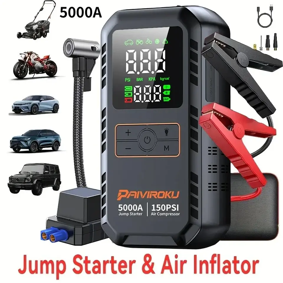 Arrancador portátil de batería para auto 12 V, 5000 A, con compresor de aire de 150 PSI e inflador de neumáticos 7