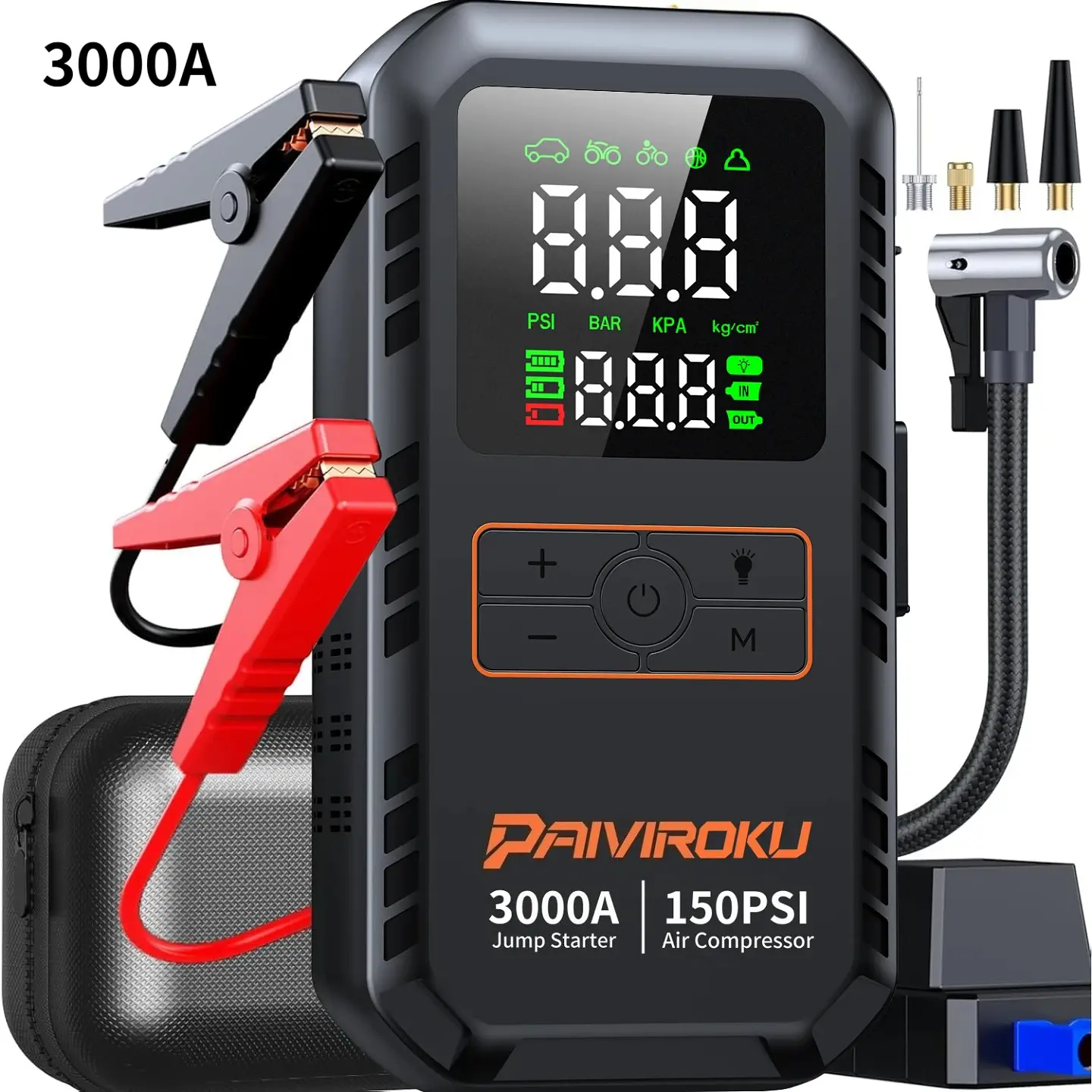 Arrancador portátil de batería para auto 12 V, 5000 A, con compresor de aire de 150 PSI e inflador de neumáticos 8