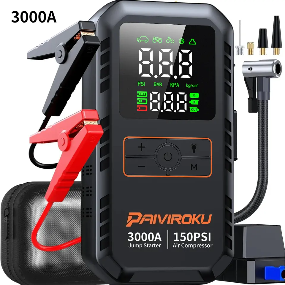 Arrancador portátil de batería para auto 12 V, 5000 A, con compresor de aire de 150 PSI e inflador de neumáticos 8