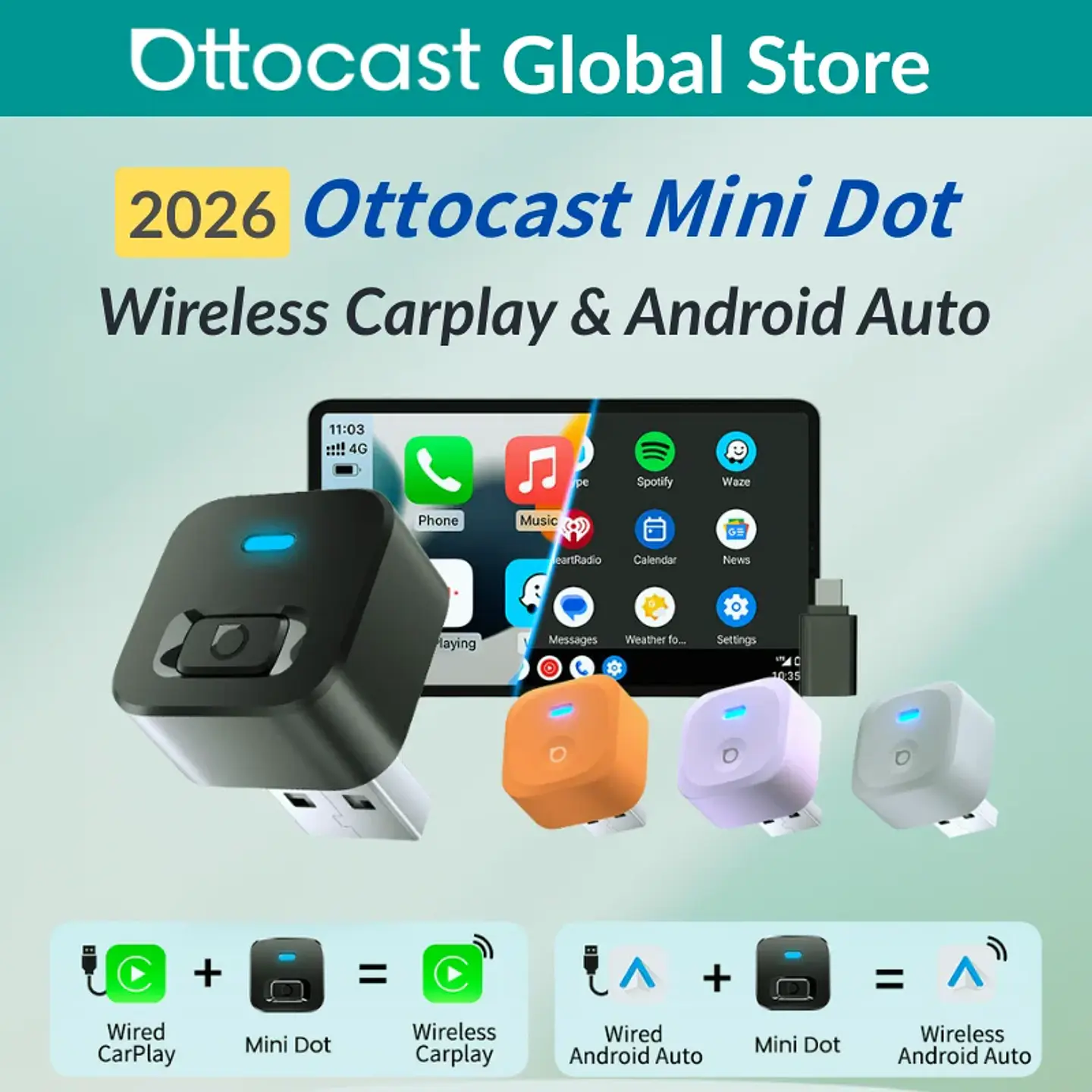 Adaptador inalámbrico OTTOCAST Express Mini Dot para CarPlay y Android Auto, Wi-Fi 6, conexión plug and play para Audi y Kia 1