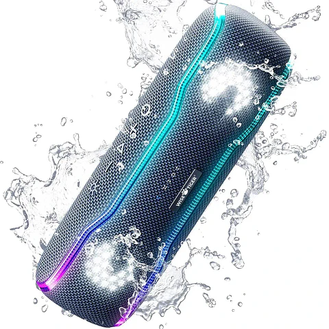 Parlante portátil WISETIGER para exteriores, resistente al agua IPX7, estéreo Bluetooth 5.3, 25 W con iluminación envolvente multicolor