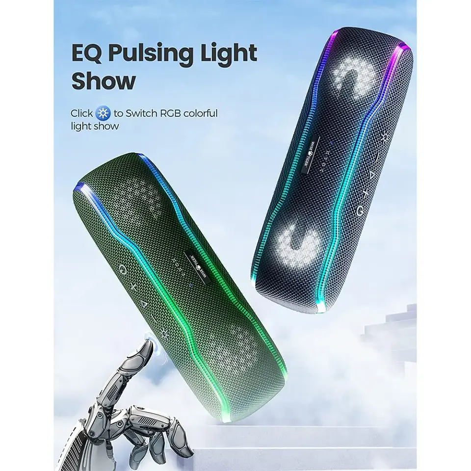 Parlante portátil WISETIGER para exteriores, resistente al agua IPX7, estéreo Bluetooth 5.3, 25 W con iluminación envolvente multicolor 2
