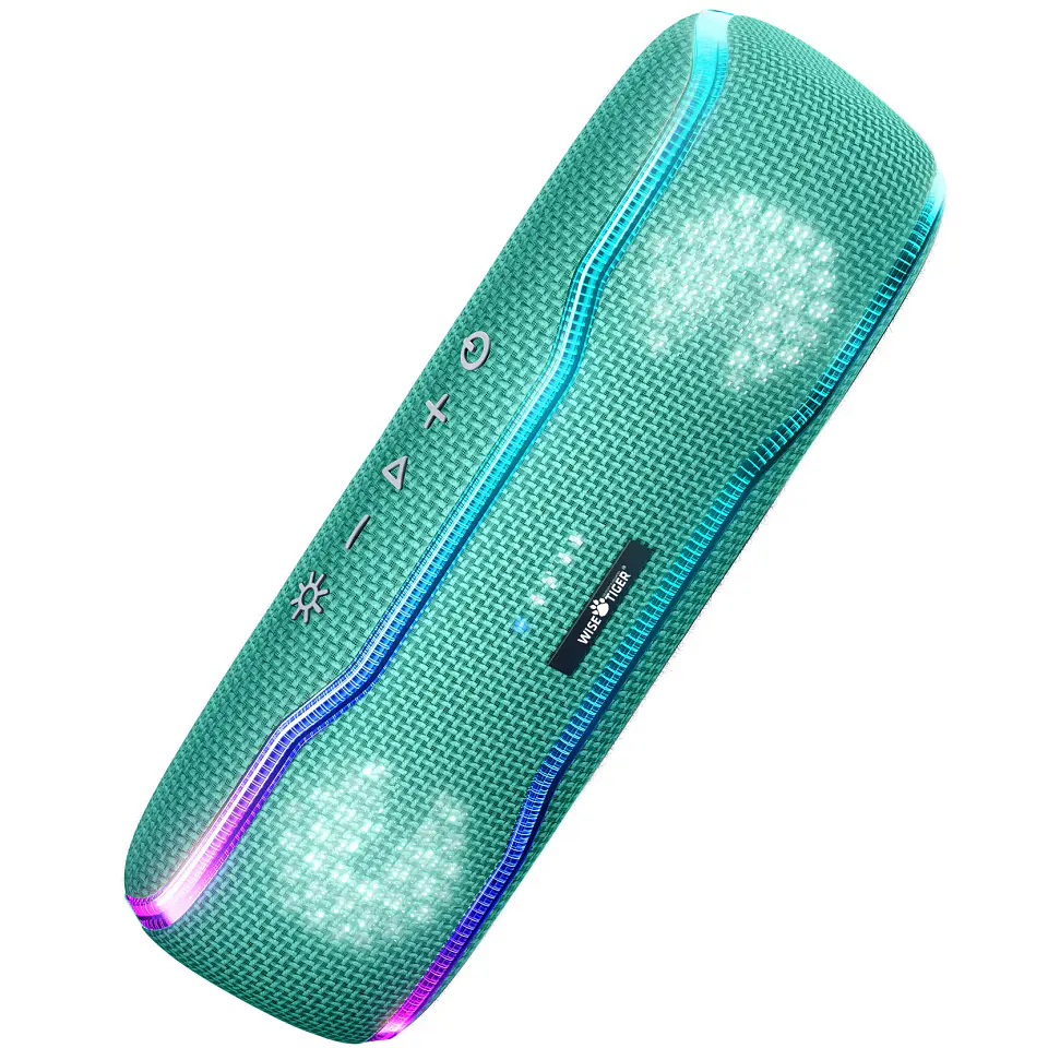 Parlante portátil WISETIGER para exteriores, resistente al agua IPX7, estéreo Bluetooth 5.3, 25 W con iluminación envolvente multicolor 7