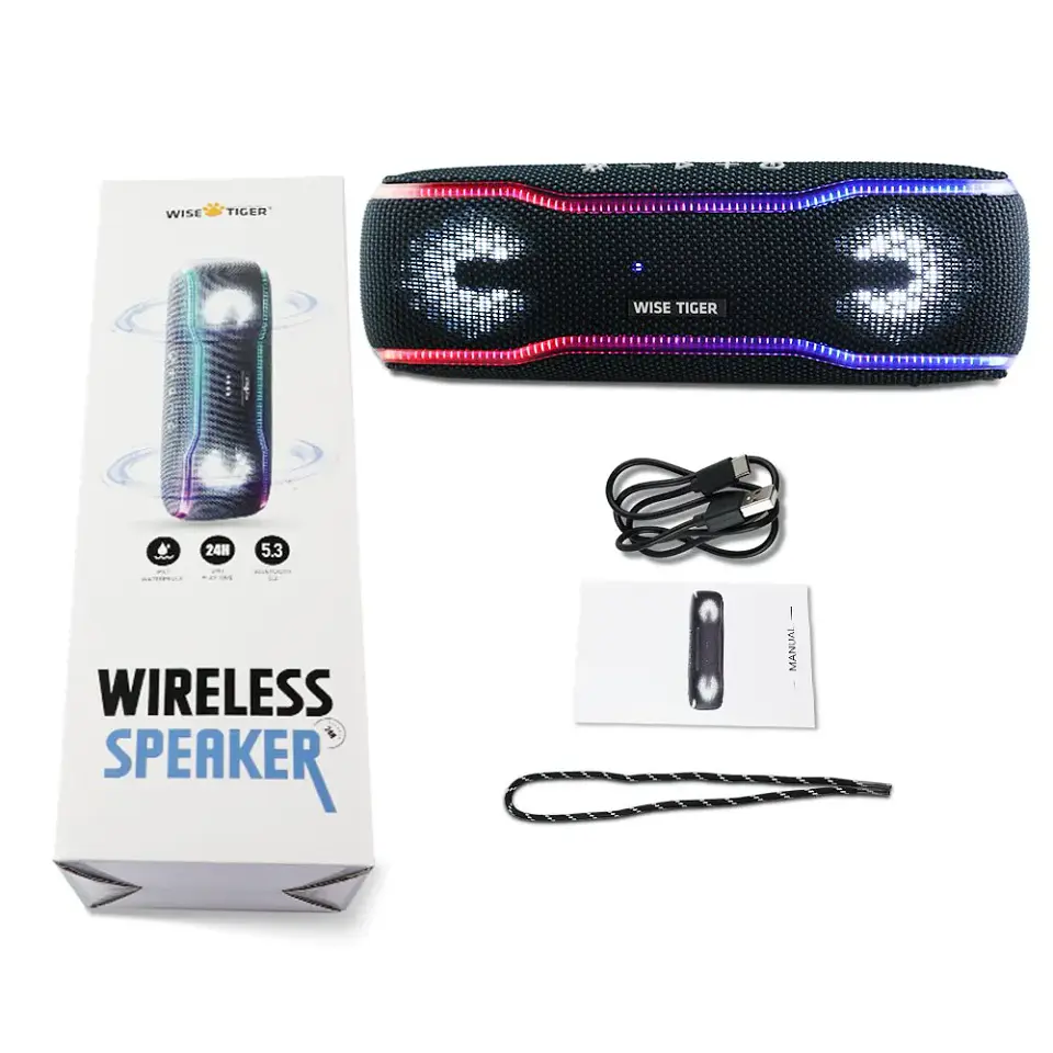 Parlante portátil WISETIGER para exteriores, resistente al agua IPX7, estéreo Bluetooth 5.3, 25 W con iluminación envolvente multicolor 8