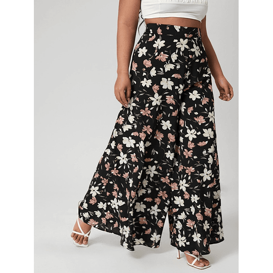 Pantalón tela con diseño florado de pierna ancha PJ064