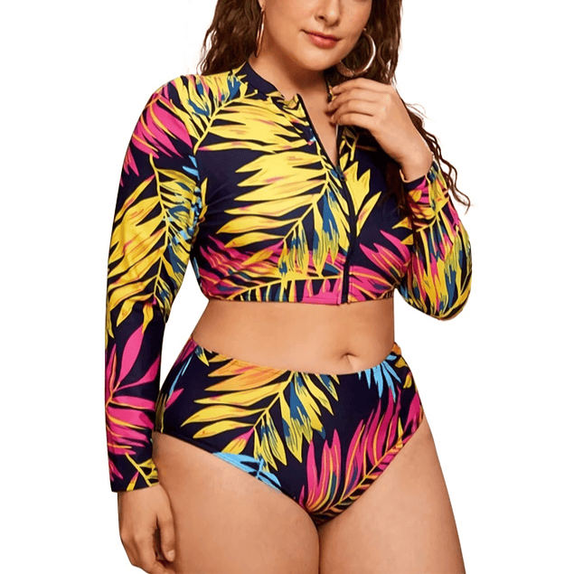 Leaf Print Long-sleeve Two-piece Swimsuit
