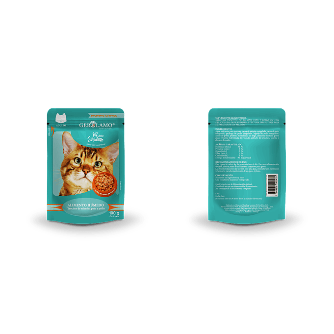 6 Alimento Salvatore Gato trocitos de salmon,pato y pollo 100gr 1