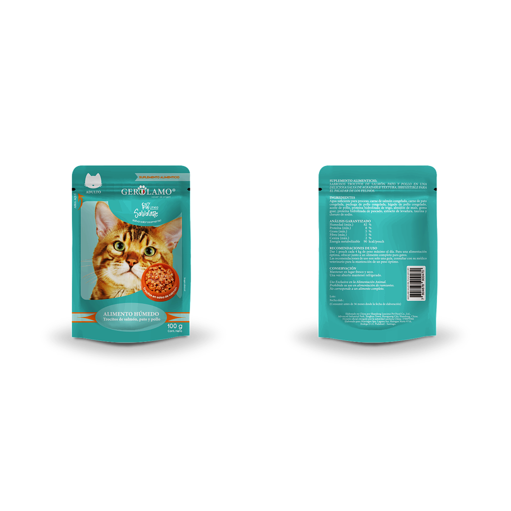 6 Alimento Salvatore Gato trocitos de salmon,pato y pollo 100gr 2