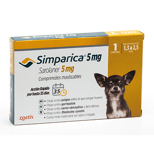 Simparica 5mg para perros 1 Comprimido – 1.3 Kg a 2.5 Kg