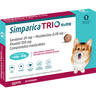 Simparica Trio azul para perro de 10 kg a 20 kg - 3 comprimidos