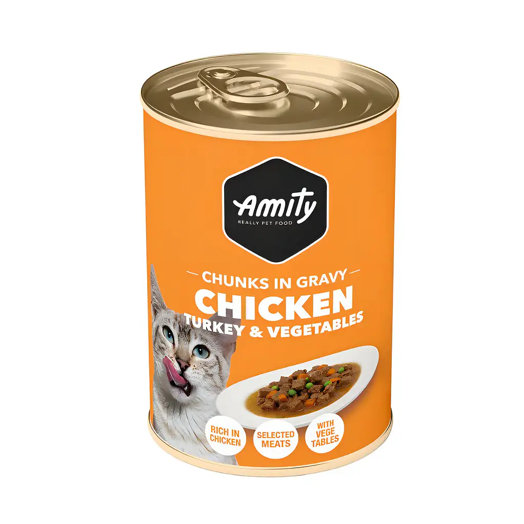 Lata Amity De Pavo Con Vegetales 415gr Para Gatos 1