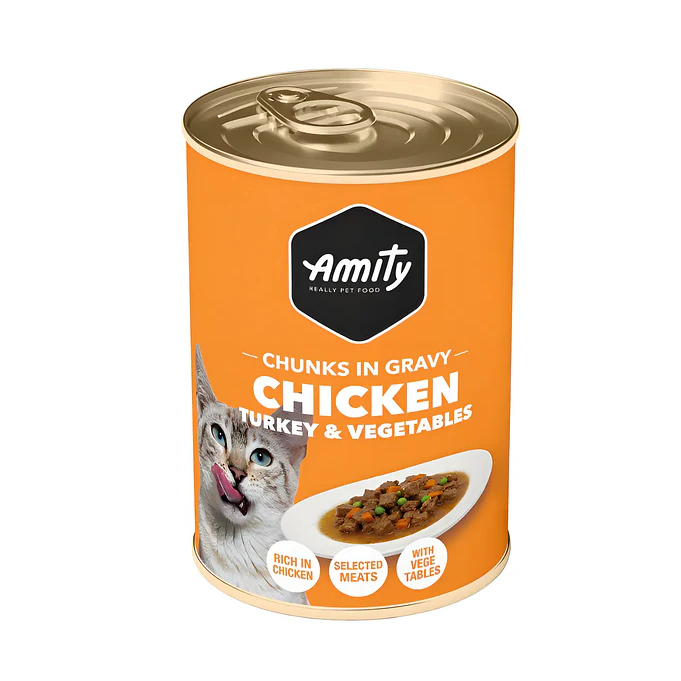 Lata Amity De Pavo Con Vegetales 415gr Para Gatos 1