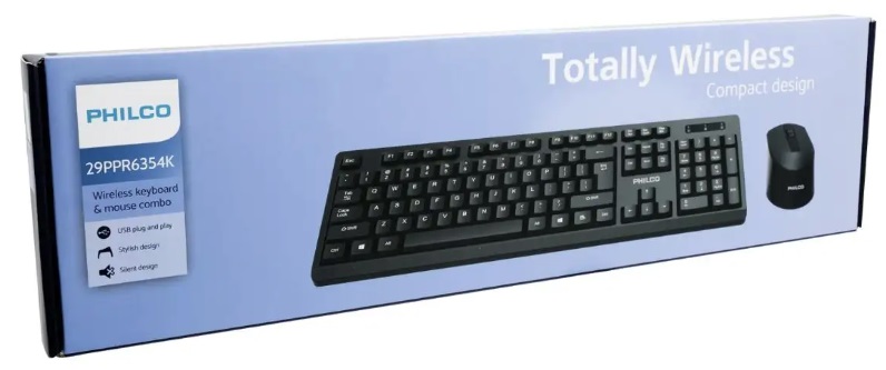 Kit Teclado + Mouse Philco 6354K Inalámbrico (Dongle USB 1.600dpi, Negro)