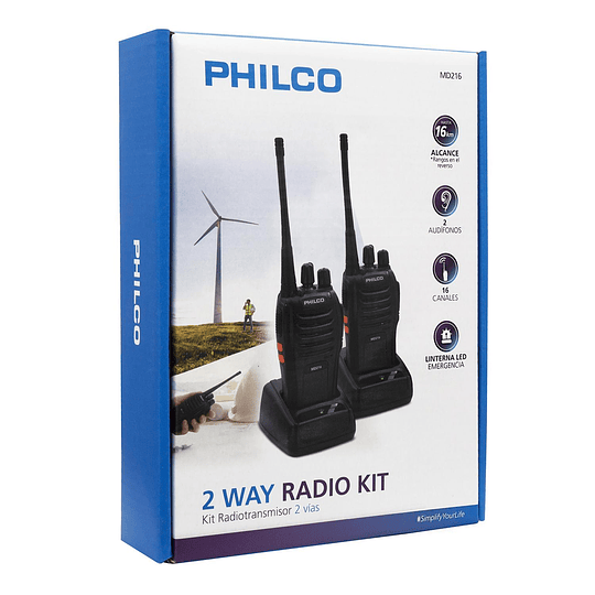 KIT PAR RADIOTRANSMISORES PORTATIL INCLUYE MANOS LIBRES WALKIE TALKIE 16KILOMETROS PHILCO