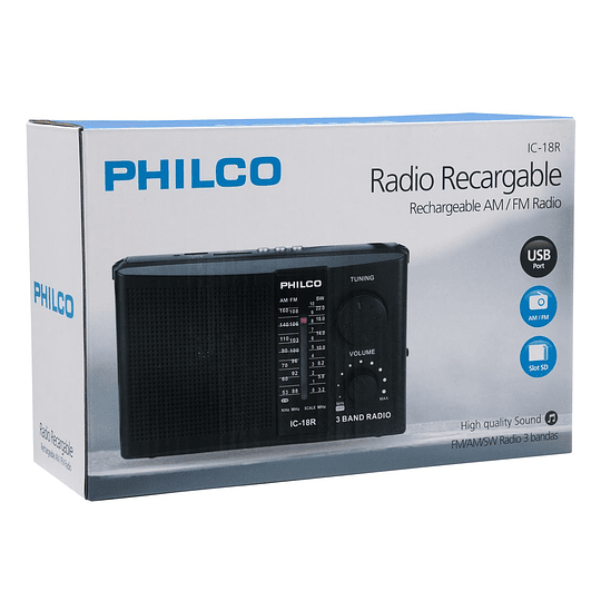 RADIO IC 18-R MULTIBANDAS RECARGABLE USB/SD/AM/FM PHILCO