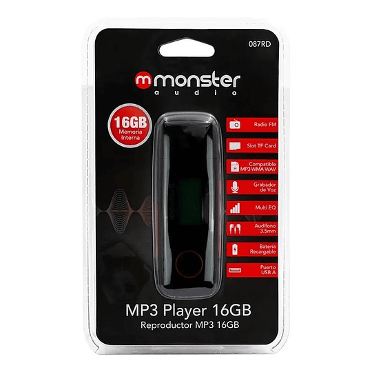 Reproductor Mp3 16gb Radio Fm Monster Con Grabador De Voz