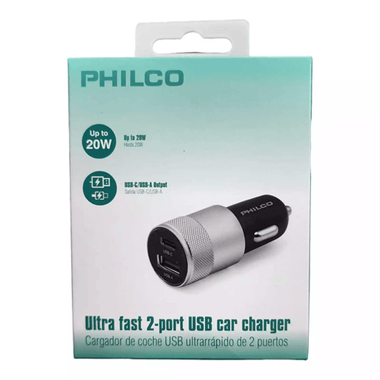 CARGADOR 12/24V USB/C 20W DOBLE PLATA PHILCO