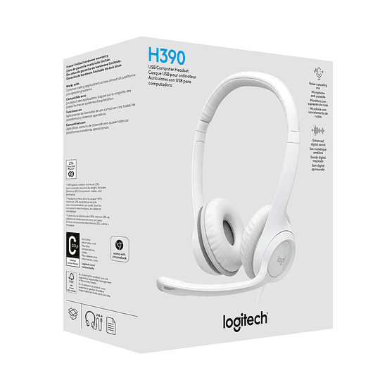 Audifonos con Micrófono Logitech H390, Micrófono c/ Supresión de Ruido, Blanco