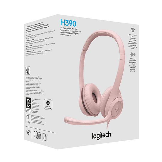Audífonos con Micrófono Logitech H390, Microfono c/ Supresion de Ruido, Rosado