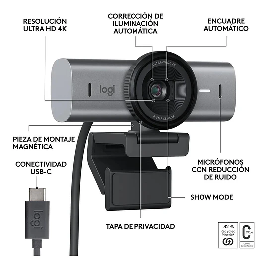 Webcam Logitech MX Brio (4K, 8.5MP, Micrófono, USB-C, Gris)