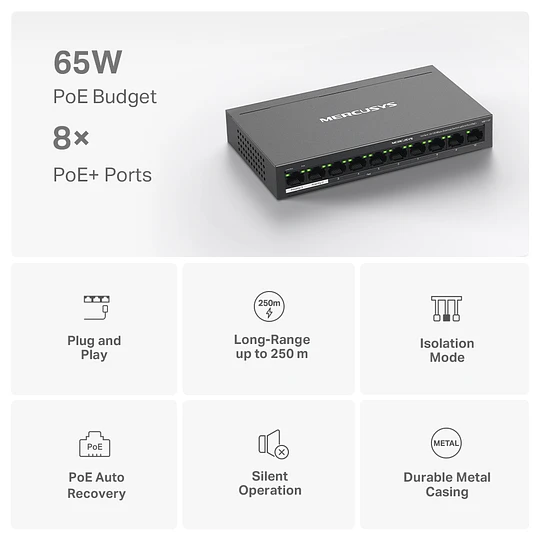 Switch TP-Link Mercusys MS110P 10 puertos 10/100, 8 PoE+ 65W