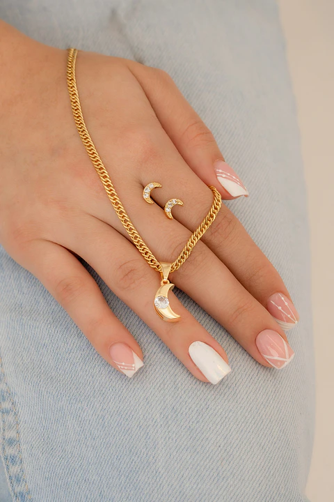 Set Cadena Continua 3 mm 45 cms +Dije Luna Circonia Cristal