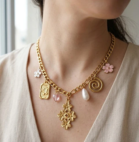 Colar Boho Charm Flores e Medalhas
