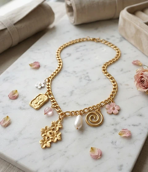 Colar Boho Charm Flores e Medalhas