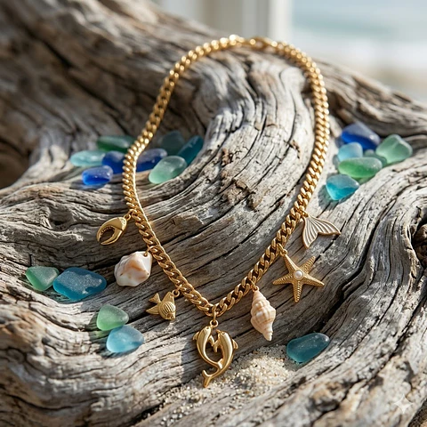Colar Cadeado Dança dos Golfinhos com Charms e Conchas Naturais