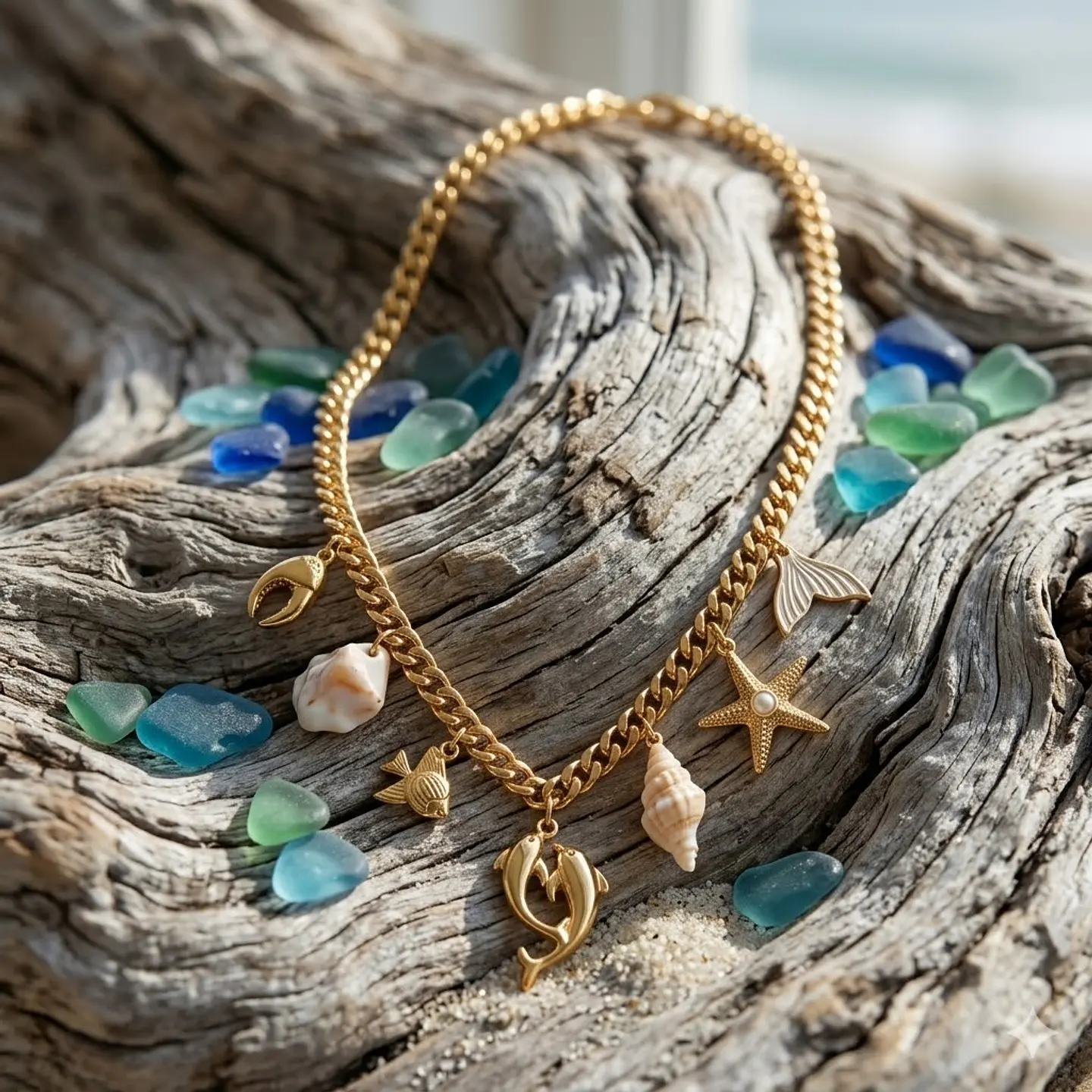 Colar Cadeado Dança dos Golfinhos com Charms e Conchas Naturais 2
