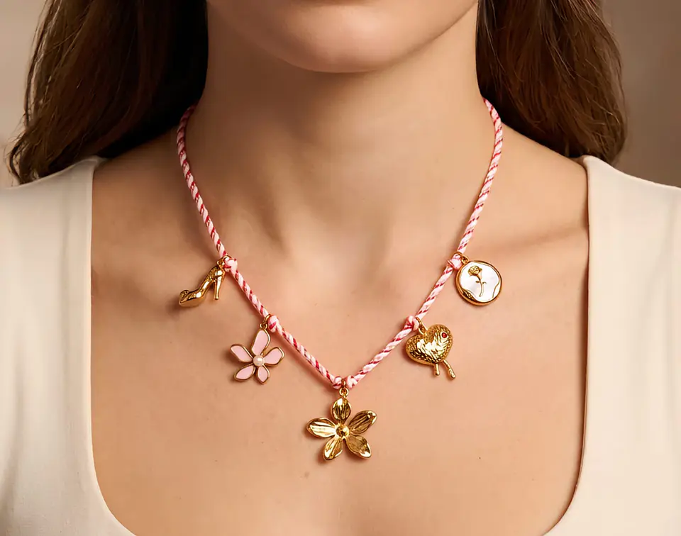 Colar Cordão Doce Encanto com Flor Filigrana e Charms Dourados 1