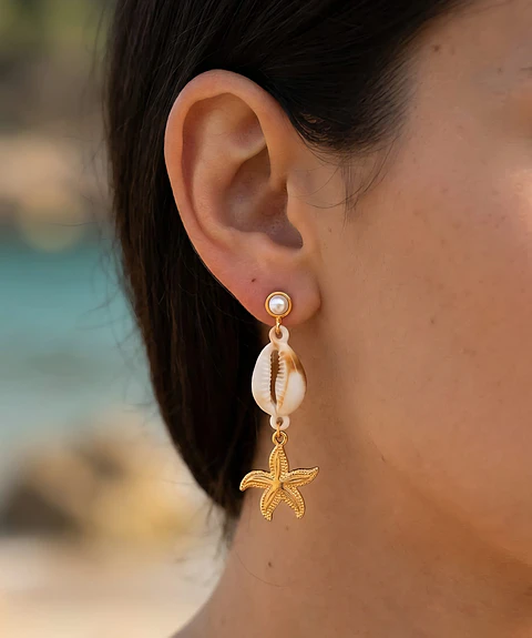 Brincos Pendentes Estrela do Mar com Búzio Natural e Pérola
