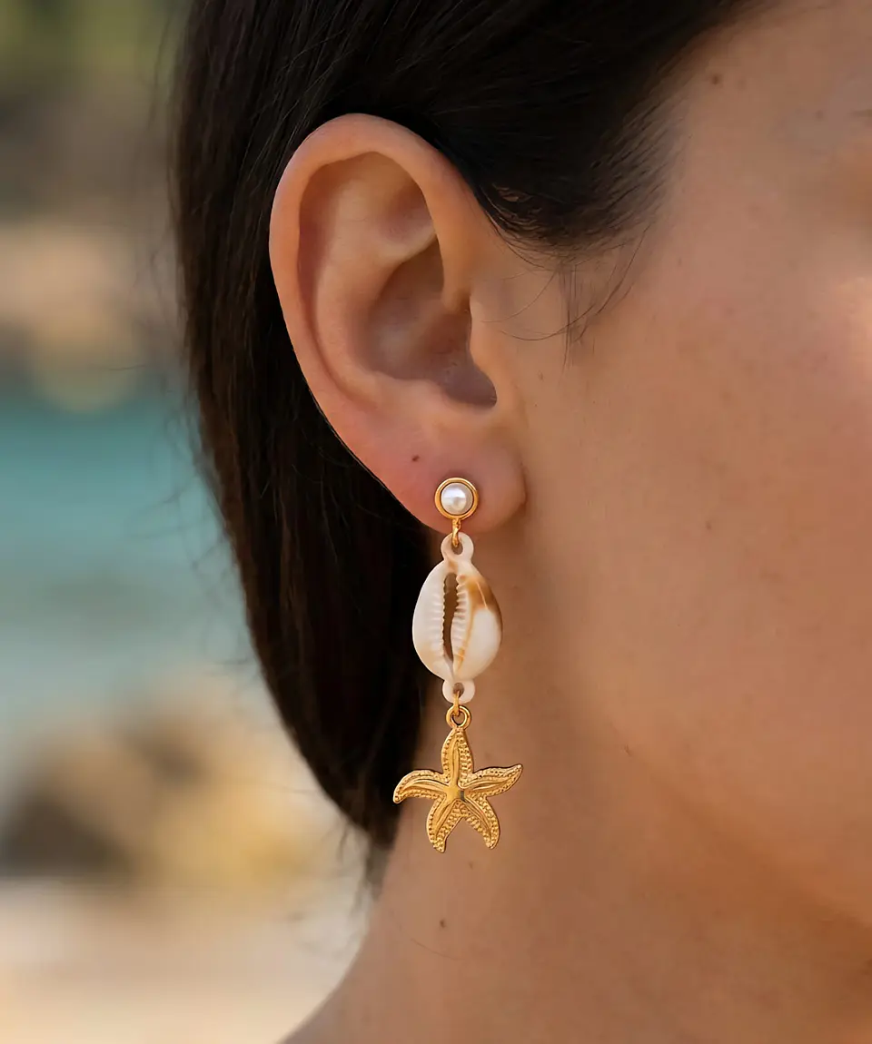 Brincos Pendentes Estrela do Mar com Búzio Natural e Pérola 1