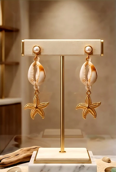 Brincos Pendentes Estrela do Mar com Búzio Natural e Pérola